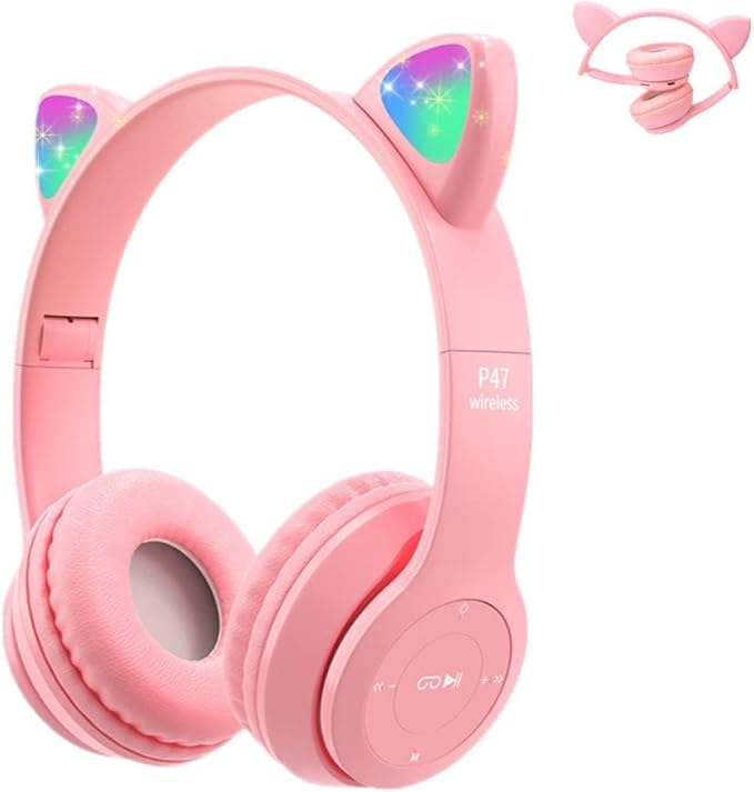 🐾🎧 Cute Cat Ear Wireless Bluetooth Headphones with LED Flash Light – Perfect Gift for Music & Style Lovers! 💖✨