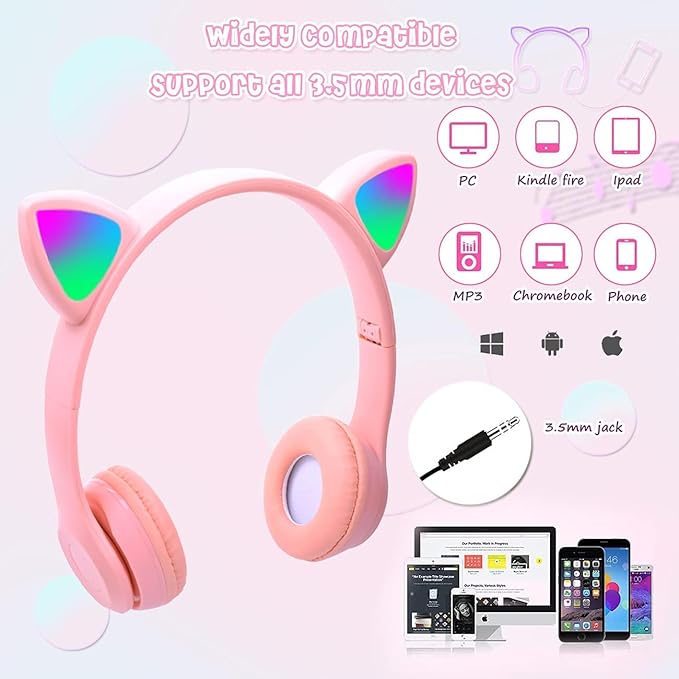 🐾🎧 Cute Cat Ear Wireless Bluetooth Headphones with LED Flash Light – Perfect Gift for Music & Style Lovers! 💖✨