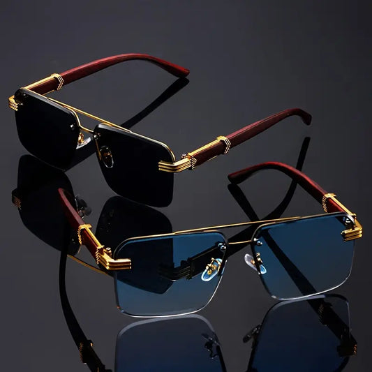 🕶️ 2PCS  Frameless Fashion Glasses – Unisex Classic  Eyewear with Wooden Pattern Temples 🌿✨